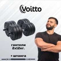 Набор пластиковых гантелей 2х12 кг Voitto V-101 + штанга, GREY